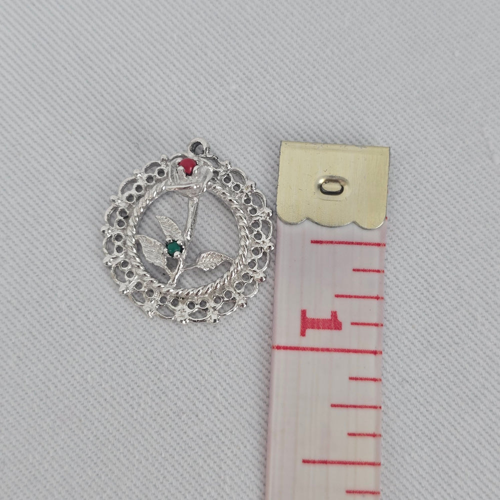 Date to Remember Sterling Silver Rose Bracelet Charm Red Green Accent Stones