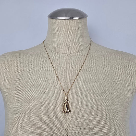 Vintage Gold Tone Woman Walking Dog Pendant Necklace