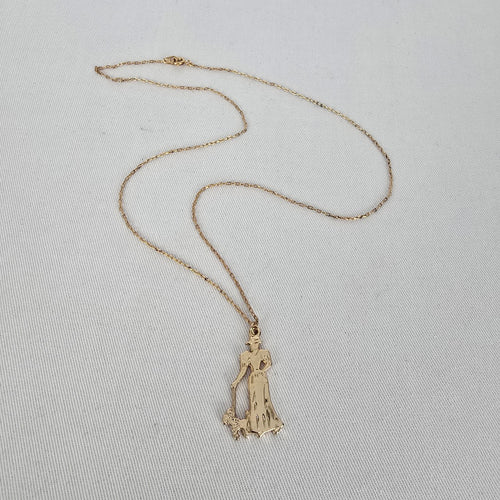 Vintage Gold Tone Woman Walking Dog Pendant Necklace