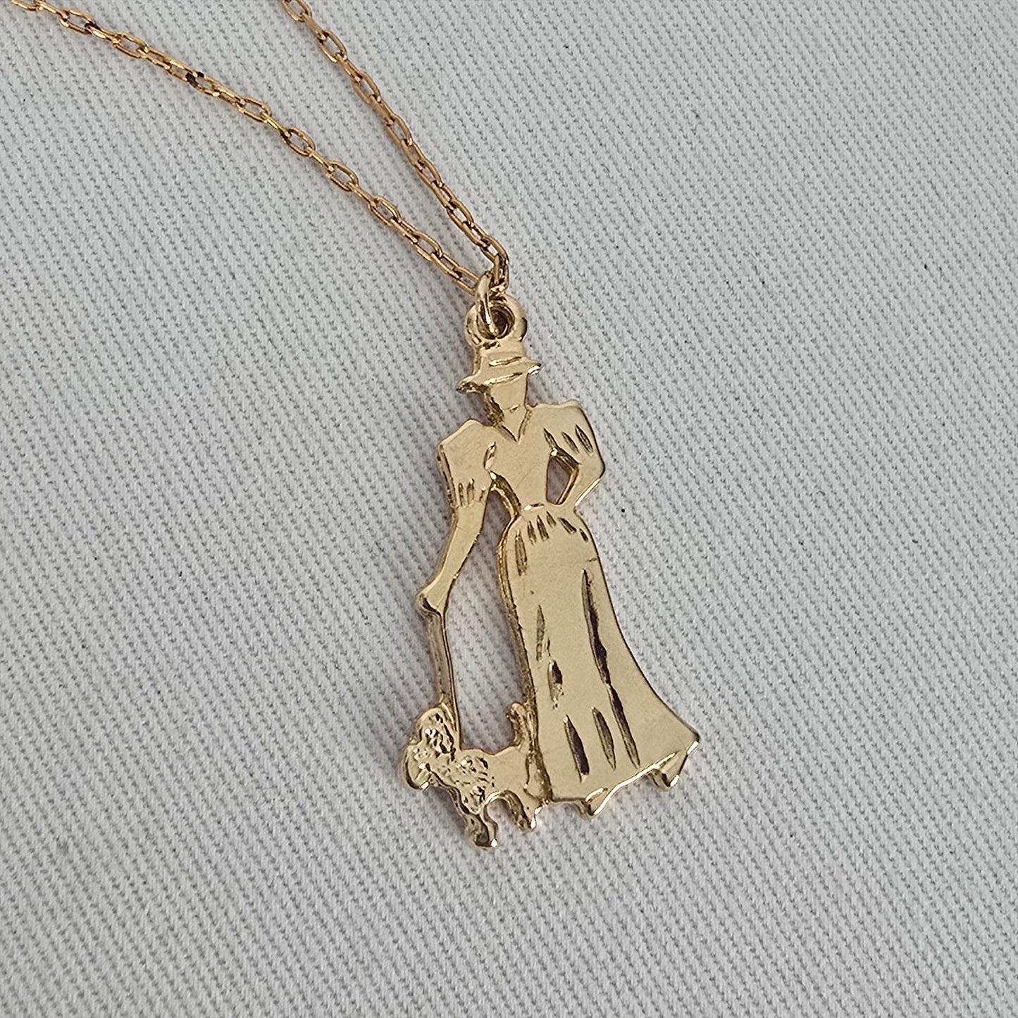 Vintage Gold Tone Woman Walking Dog Pendant Necklace