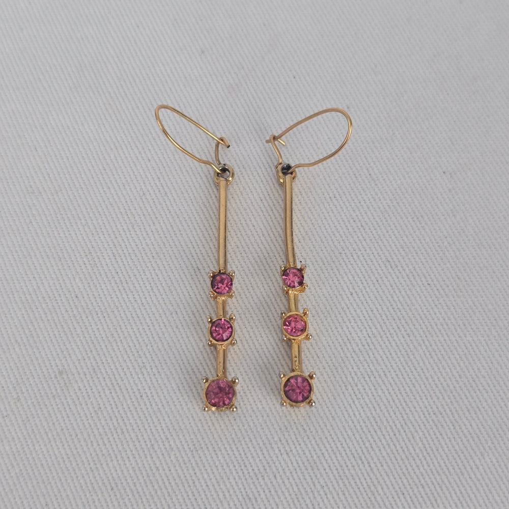 Gold Tone Pink Rhinestone Bar Drop Dangle Earrings