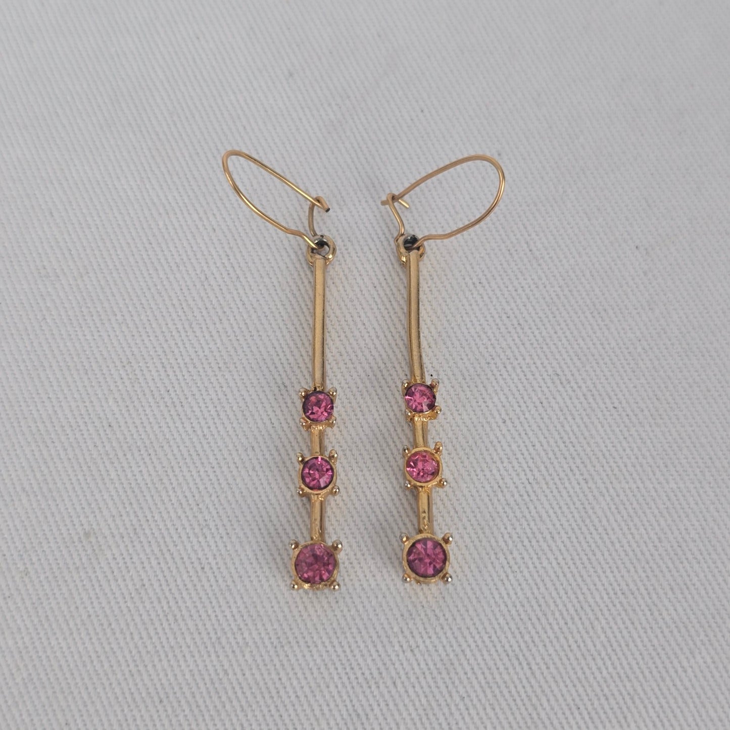 Gold Tone Pink Rhinestone Bar Drop Dangle Earrings