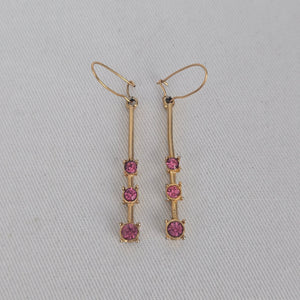 Gold Tone Pink Rhinestone Bar Drop Dangle Earrings