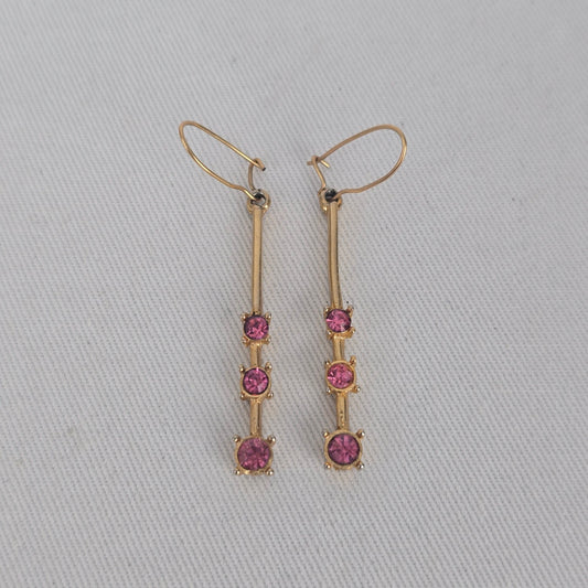Gold Tone Pink Rhinestone Bar Drop Dangle Earrings