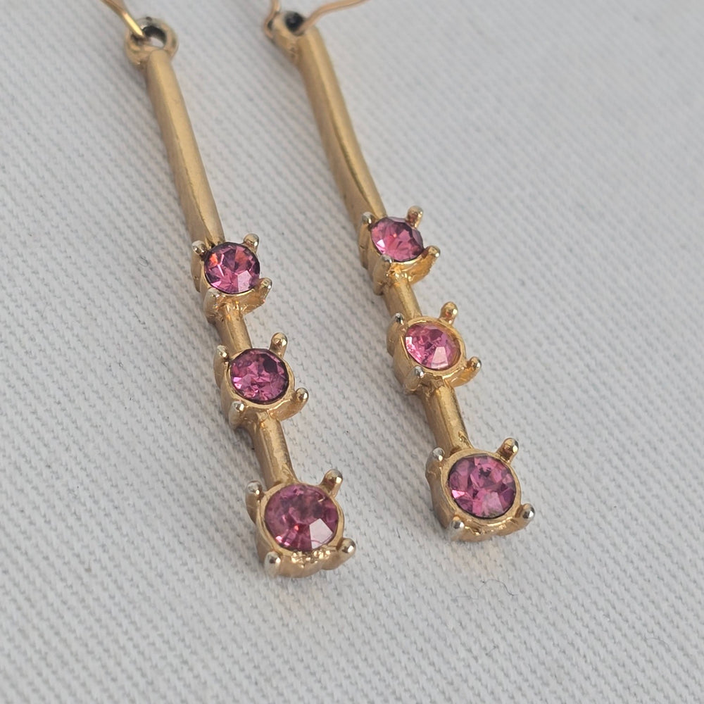 Gold Tone Pink Rhinestone Bar Drop Dangle Earrings