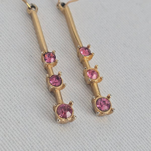 Gold Tone Pink Rhinestone Bar Drop Dangle Earrings