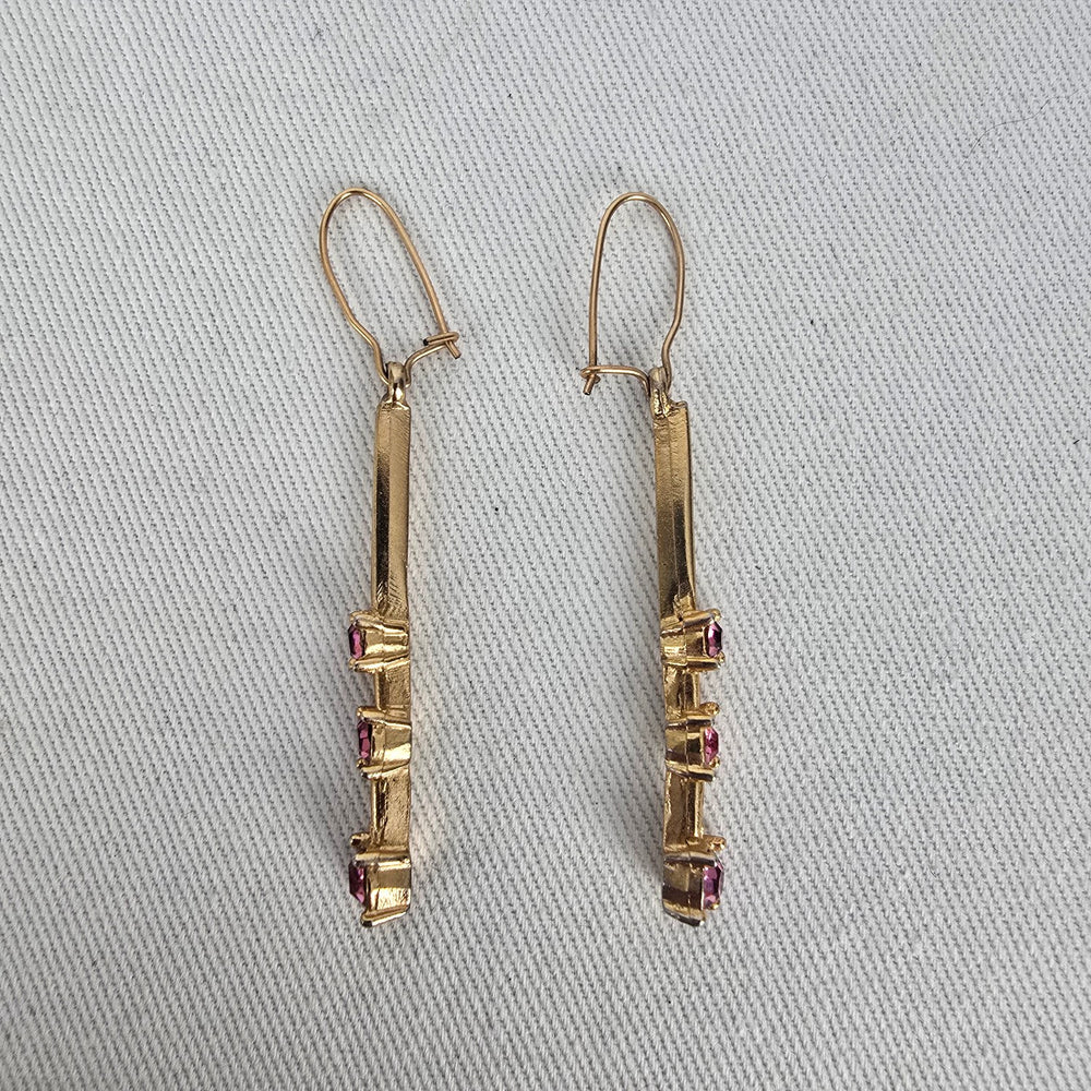 Gold Tone Pink Rhinestone Bar Drop Dangle Earrings