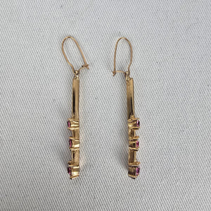 Gold Tone Pink Rhinestone Bar Drop Dangle Earrings