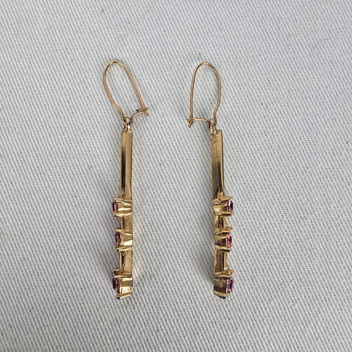Gold Tone Pink Rhinestone Bar Drop Dangle Earrings