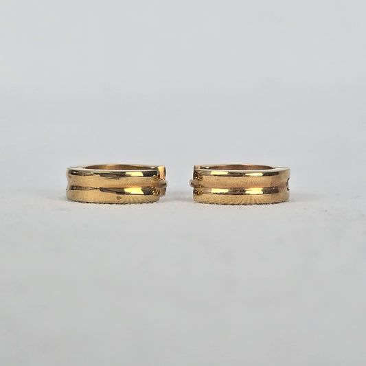 Gold Tone 100X Huggie Hoop Earrings Small Wide Band Grooved Detail