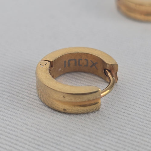 Gold Tone 100X Huggie Hoop Earrings Small Wide Band Grooved Detail