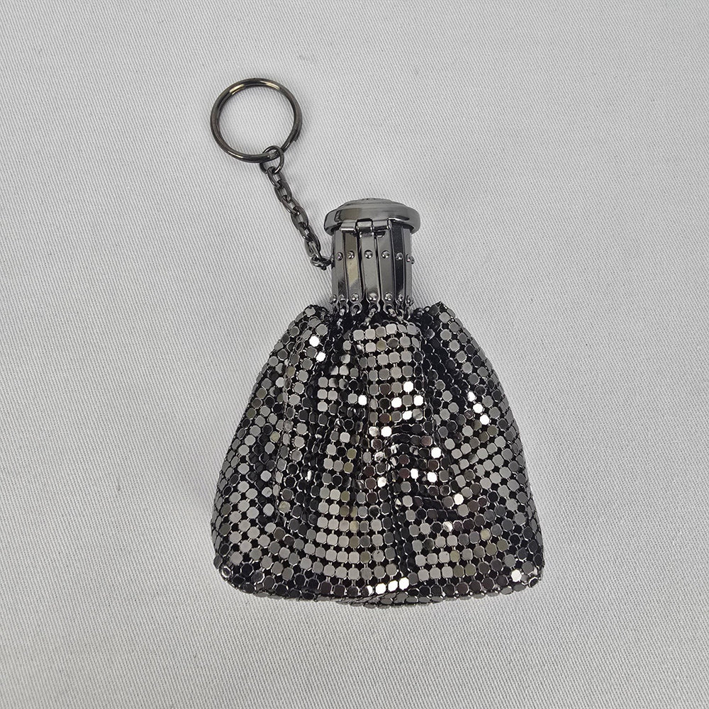 Vintage Style Mini Metal Mesh Purse Keychain Black Silver Coin Bag