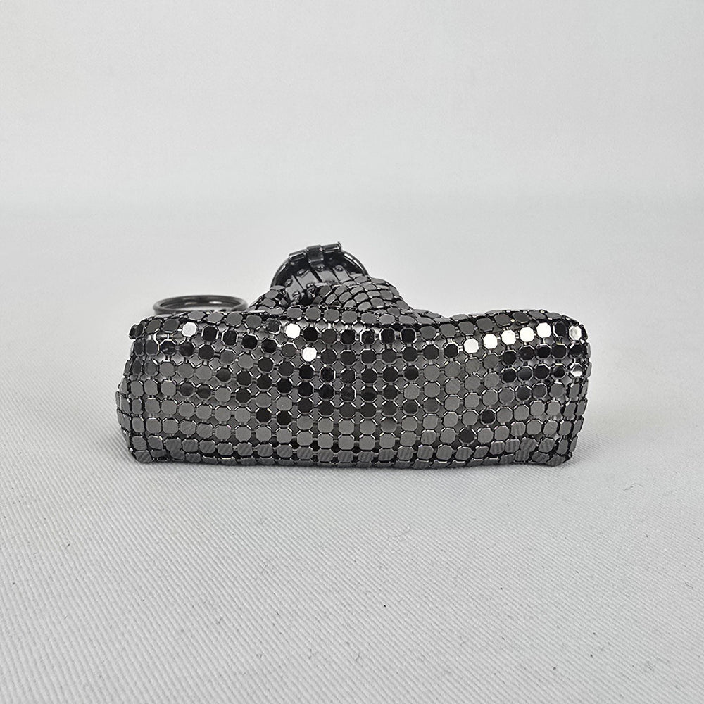 Vintage Style Mini Metal Mesh Purse Keychain Black Silver Coin Bag