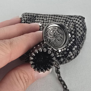Vintage Style Mini Metal Mesh Purse Keychain Black Silver Coin Bag