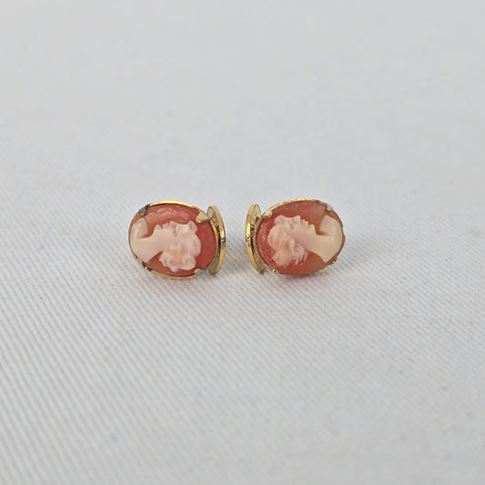 Vintage Cameo Clip On Earrings Gold Tone Coral Cream Profile