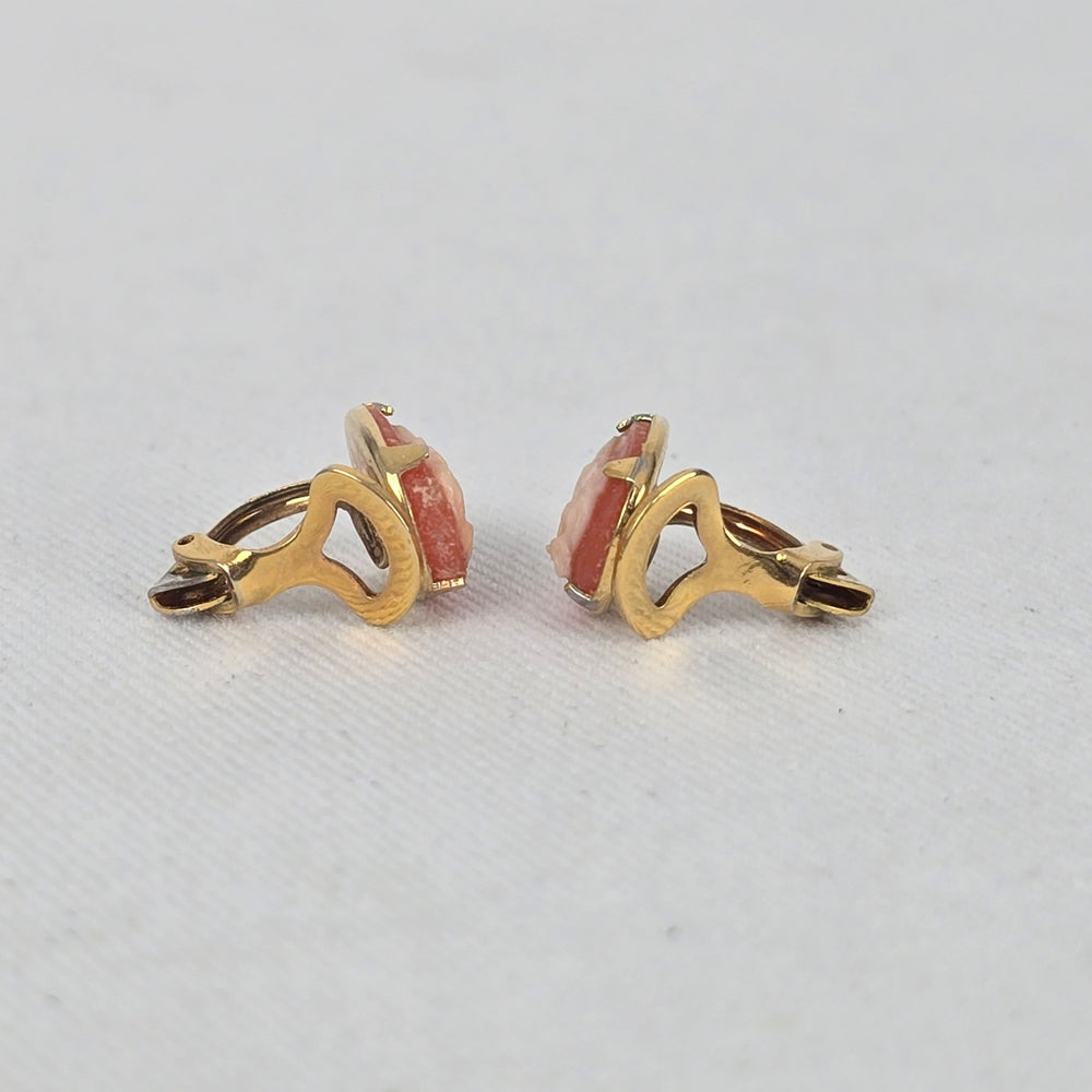 Vintage Cameo Clip On Earrings Gold Tone Coral Cream Profile
