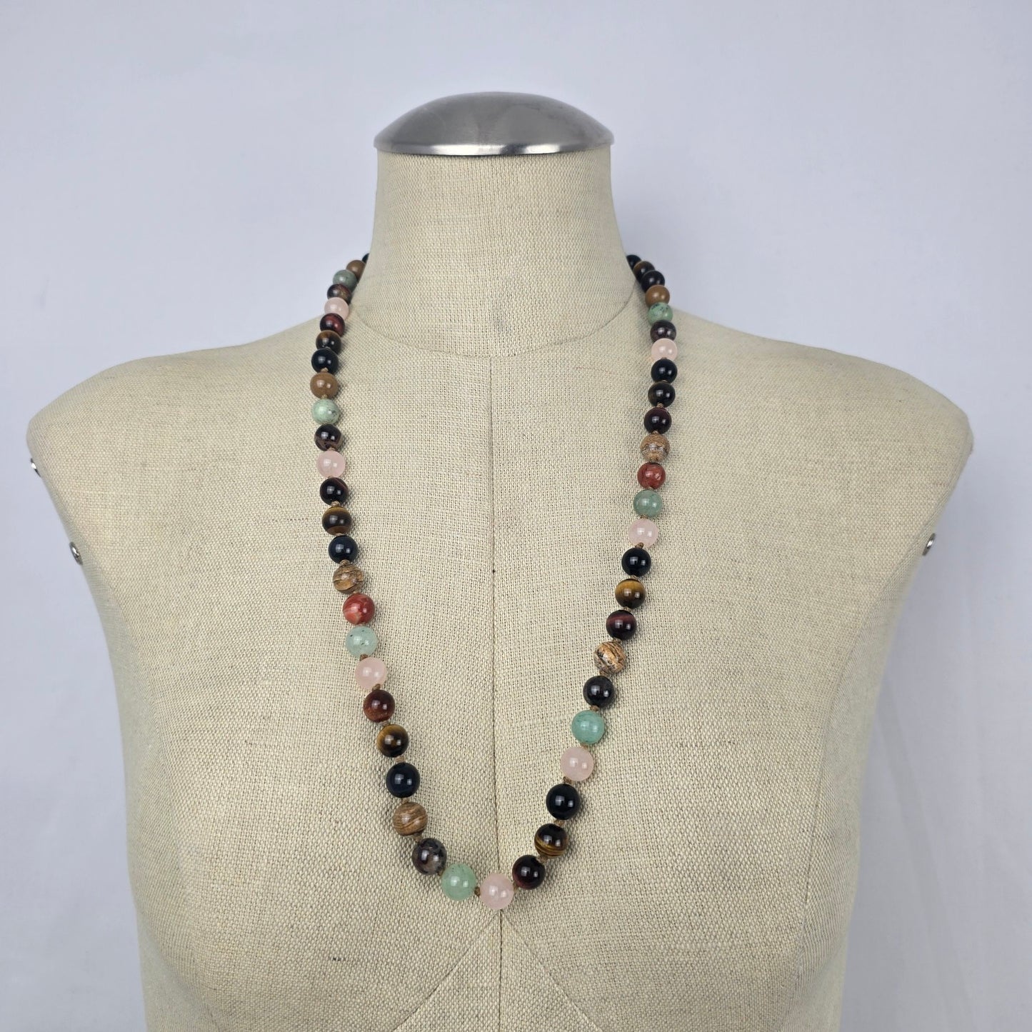 Vintage Mixed Gemstone Beaded Necklace Tiger Eye Rose Quartz Jasper Onyx Style