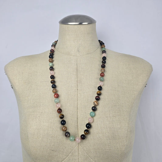 Vintage Mixed Gemstone Beaded Necklace Tiger Eye Rose Quartz Jasper Onyx Style