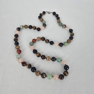 Vintage Mixed Gemstone Beaded Necklace Tiger Eye Rose Quartz Jasper Onyx Style