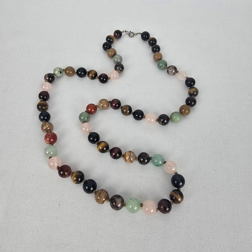 Vintage Mixed Gemstone Beaded Necklace Tiger Eye Rose Quartz Jasper Onyx Style