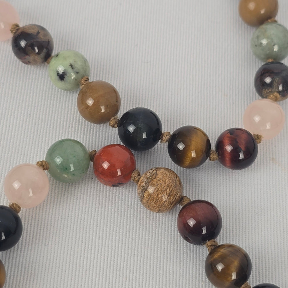 Vintage Mixed Gemstone Beaded Necklace Tiger Eye Rose Quartz Jasper Onyx Style
