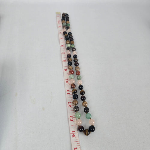 Vintage Mixed Gemstone Beaded Necklace Tiger Eye Rose Quartz Jasper Onyx Style