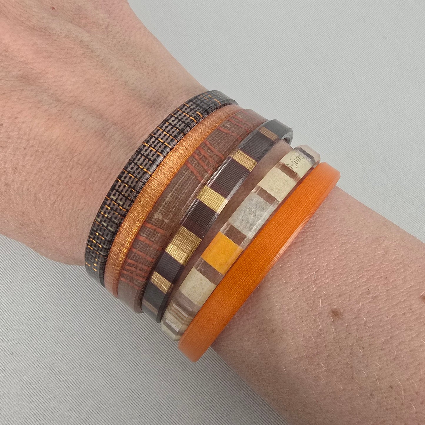 Color by Amber Warm Tone Stackable Bangle Bracelet Set Orange Brown Plaid