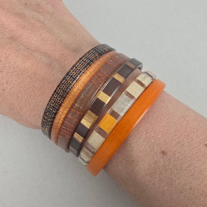 Color by Amber Warm Tone Stackable Bangle Bracelet Set Orange Brown Plaid