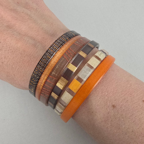 Color by Amber Warm Tone Stackable Bangle Bracelet Set Orange Brown Plaid