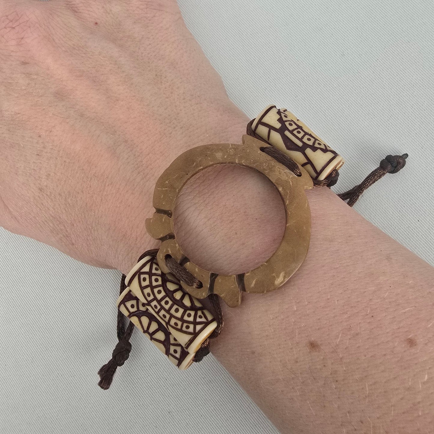 Boho Carved Bead Cord Bracelet Brown Cream Adjustable Statement Bracelet