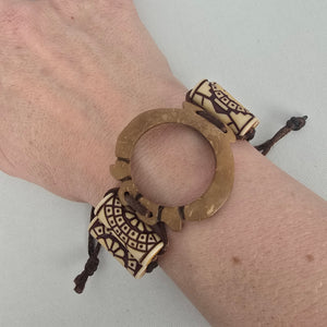 Boho Carved Bead Cord Bracelet Brown Cream Adjustable Statement Bracelet
