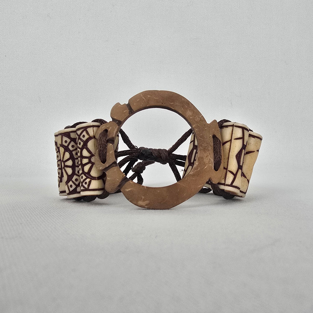 Boho Carved Bead Cord Bracelet Brown Cream Adjustable Statement Bracelet