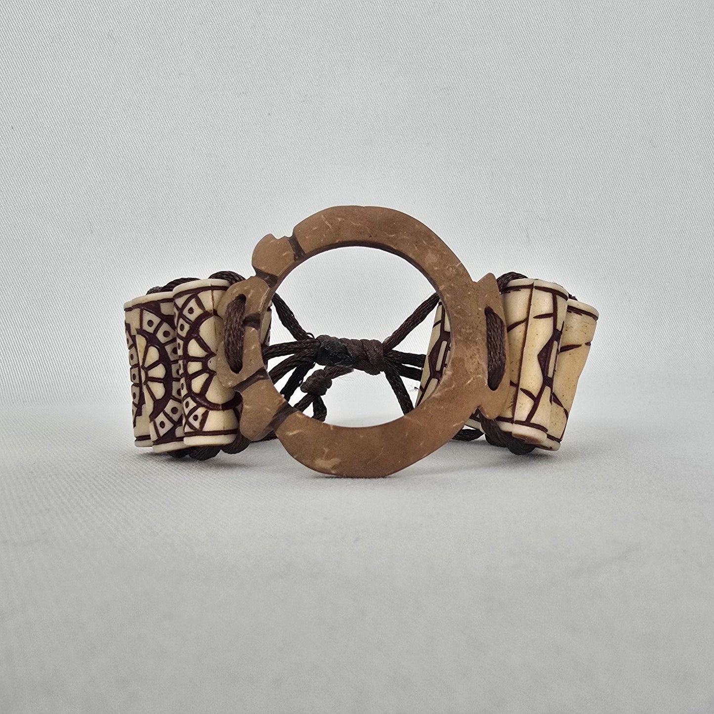 Boho Carved Bead Cord Bracelet Brown Cream Adjustable Statement Bracelet