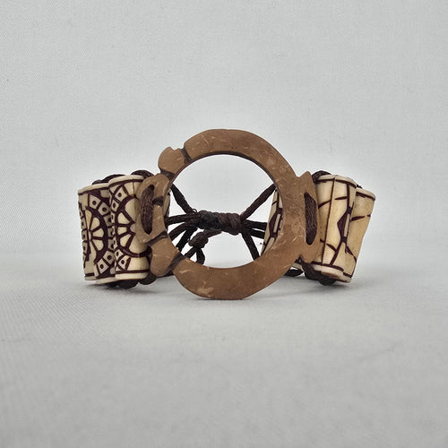 Boho Carved Bead Cord Bracelet Brown Cream Adjustable Statement Bracelet