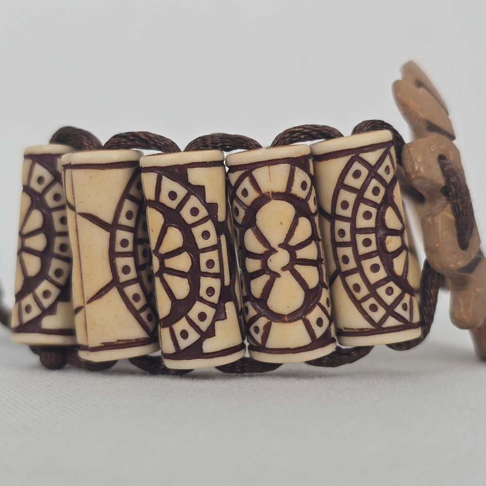Boho Carved Bead Cord Bracelet Brown Cream Adjustable Statement Bracelet
