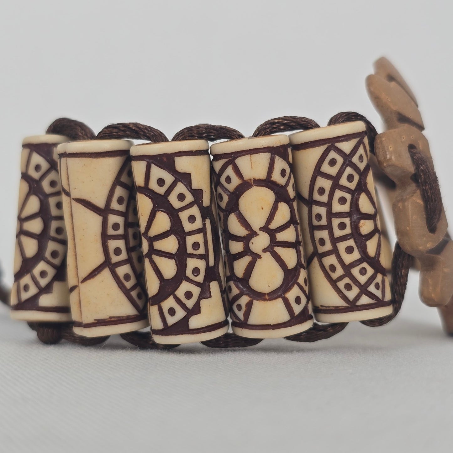 Boho Carved Bead Cord Bracelet Brown Cream Adjustable Statement Bracelet