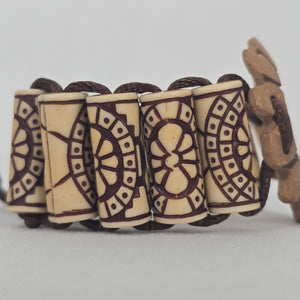 Boho Carved Bead Cord Bracelet Brown Cream Adjustable Statement Bracelet