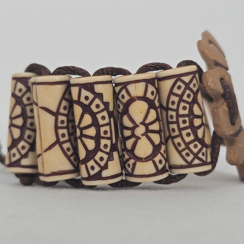Boho Carved Bead Cord Bracelet Brown Cream Adjustable Statement Bracelet