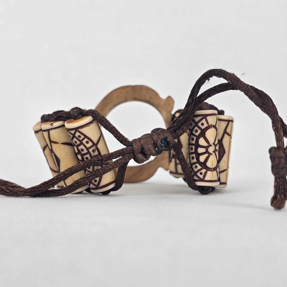 Boho Carved Bead Cord Bracelet Brown Cream Adjustable Statement Bracelet