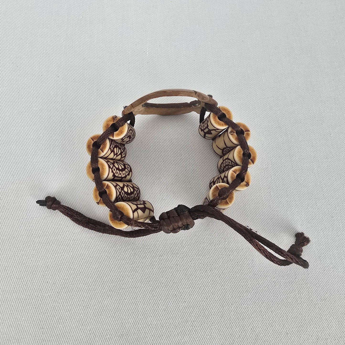 Boho Carved Bead Cord Bracelet Brown Cream Adjustable Statement Bracelet