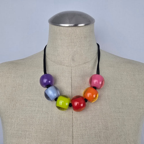 Zsiska Colourful Bead Statement Necklace Black Cord Rainbow Resin Beads adjustable