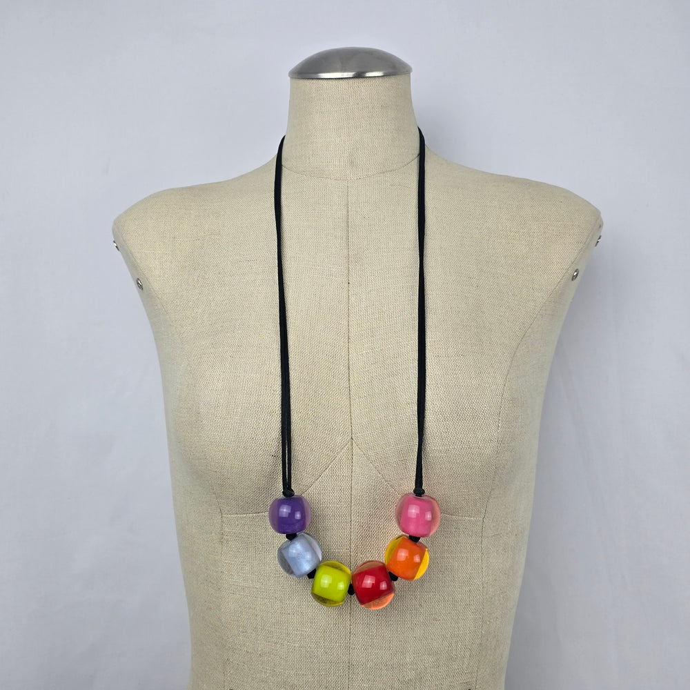 Zsiska Colourful Bead Statement Necklace Black Cord Rainbow Resin Beads adjustable