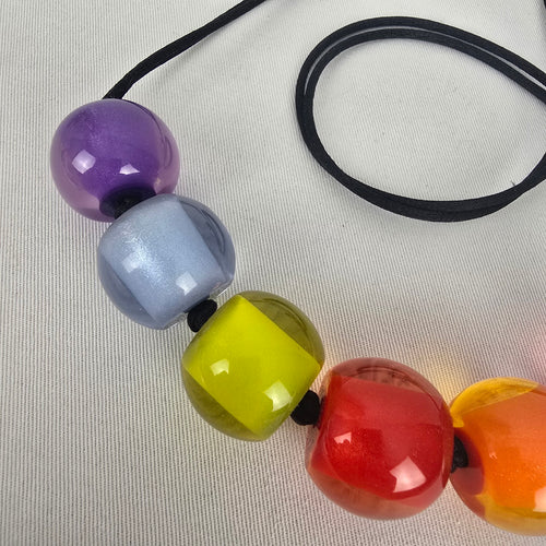 Zsiska Colourful Bead Statement Necklace Black Cord Rainbow Resin Beads adjustable