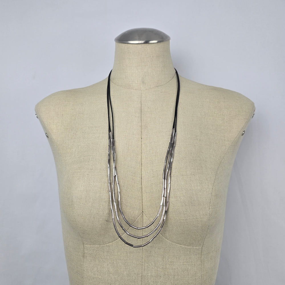 Silpada Black Cord Sterling Silver Tube Bead Multi Strand Necklace