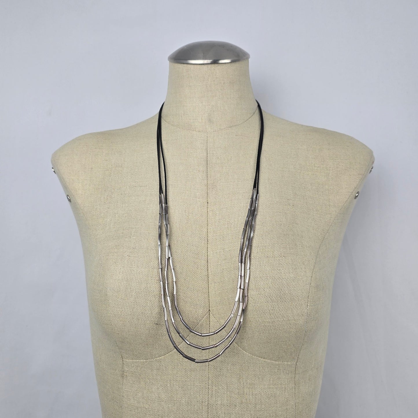 Silpada Black Cord Sterling Silver Tube Bead Multi Strand Necklace