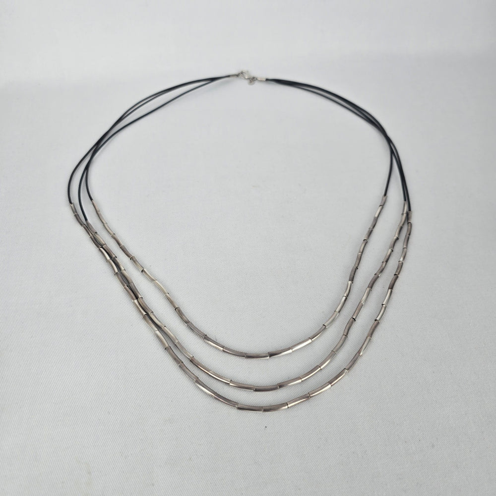 Silpada Black Cord Sterling Silver Tube Bead Multi Strand Necklace
