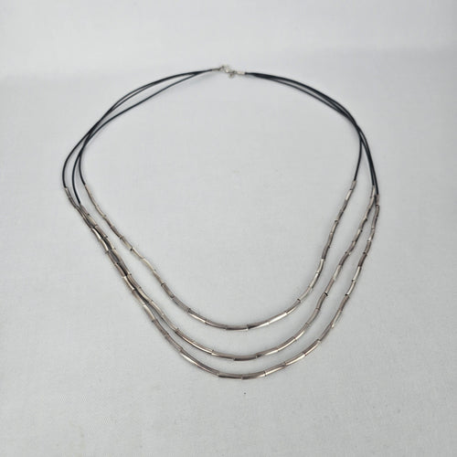 Silpada Black Cord Sterling Silver Tube Bead Multi Strand Necklace