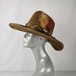 Vintage Lanning Brown Corduroy Feather Trim Western Hat Size 7 3/8