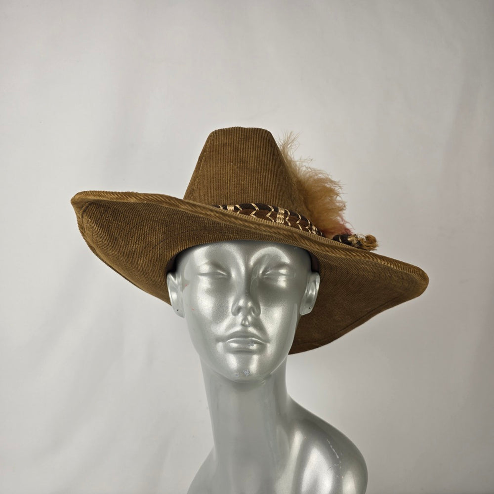 Vintage Lanning Brown Corduroy Feather Trim Western Hat Size 7 3/8
