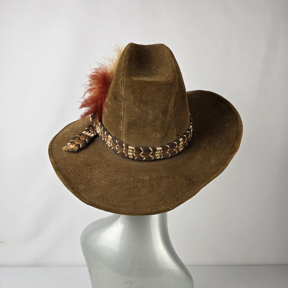 Vintage Lanning Brown Corduroy Feather Trim Western Hat Size 7 3/8